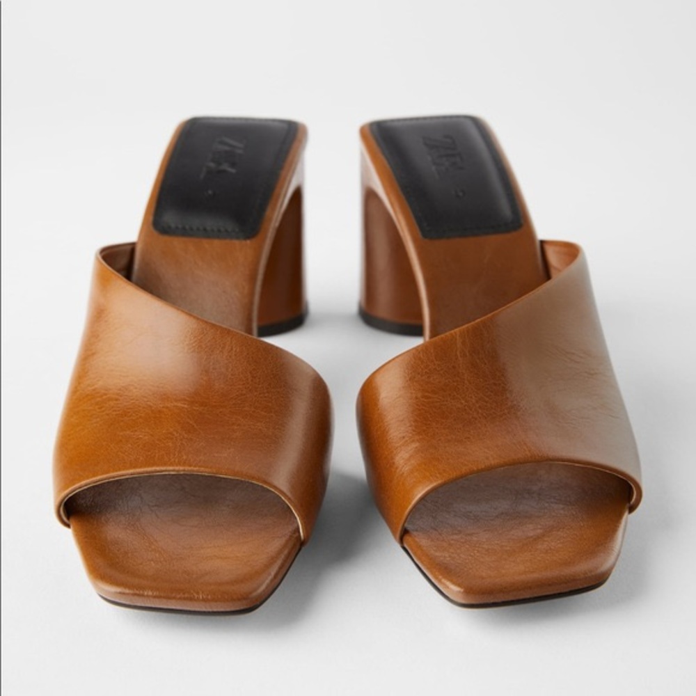 Zara cognac brown asymmetric heeled leather slides